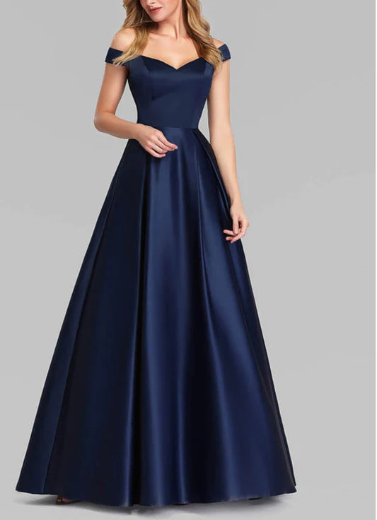 Navy Off -Shoulder Satin Ball Gown