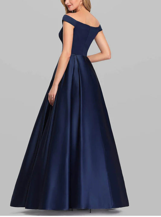 Navy Off -Shoulder Satin Ball Gown
