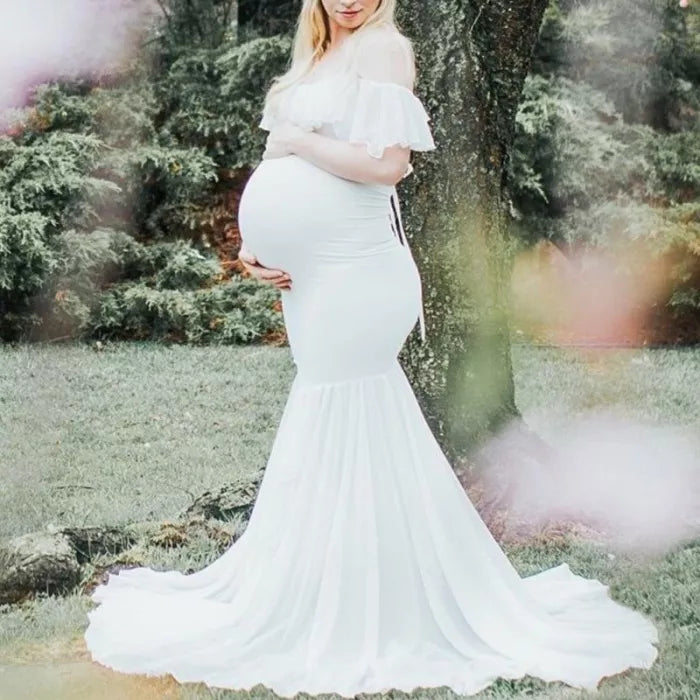 White Lycra off Shoulder Spaghetti Strap Maternity Dress
