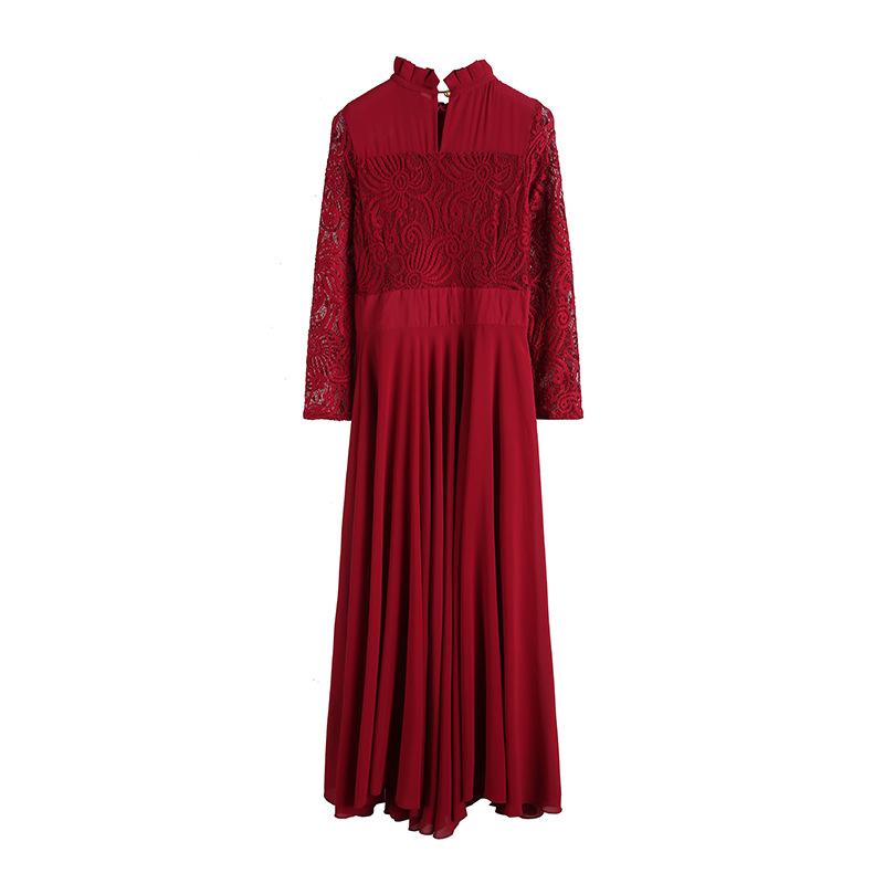 Charming Long Lace Sleeves Pleated Chiffon Long Red Maxi Dress