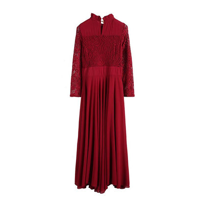 Charming Long Lace Sleeves Pleated Chiffon Long Red Maxi Dress