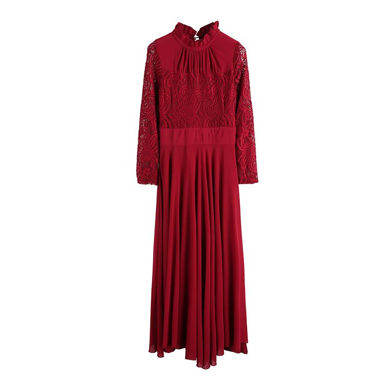 Charming Long Lace Sleeves Pleated Chiffon Long Red Maxi Dress