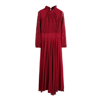 Charming Long Lace Sleeves Pleated Chiffon Long Red Maxi Dress
