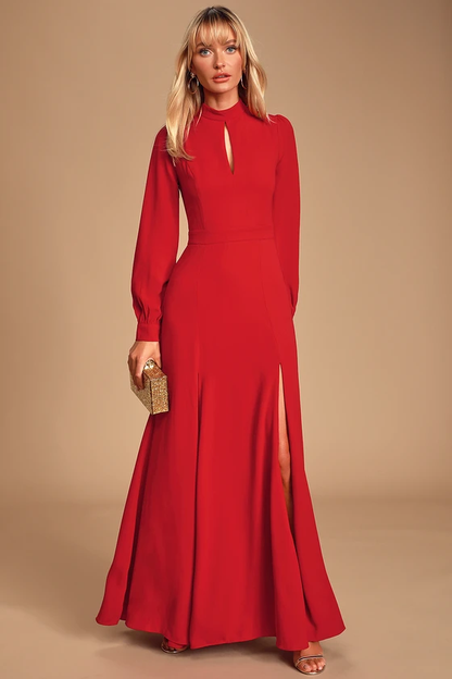 Noura Red Mock Neck Long Sleeve Maxi Dress