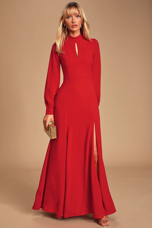 Noura Red Mock Neck Long Sleeve Maxi Dress