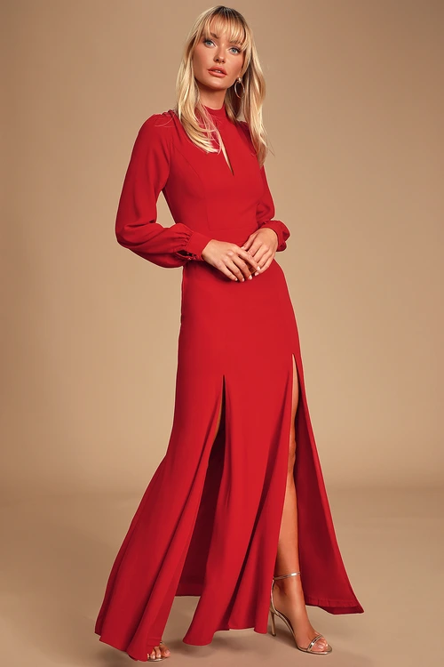Noura Red Mock Neck Long Sleeve Maxi Dress