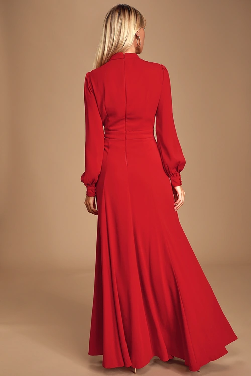 Noura Red Mock Neck Long Sleeve Maxi Dress