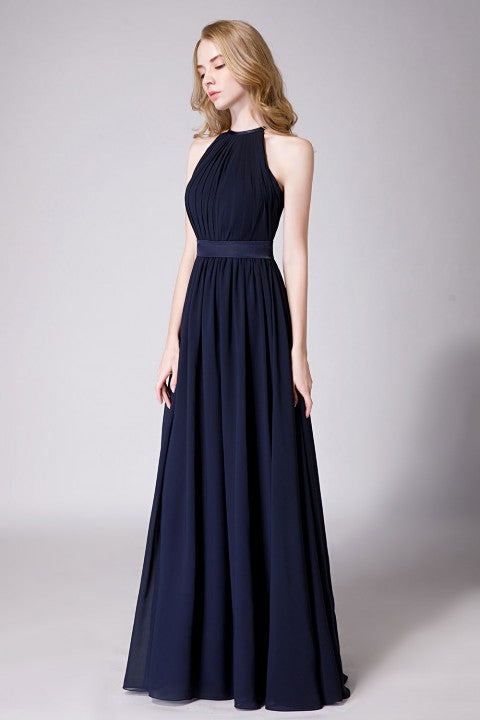 High Neck Halter Pleated Bodice Chiffon Bridesmaid Dress Long