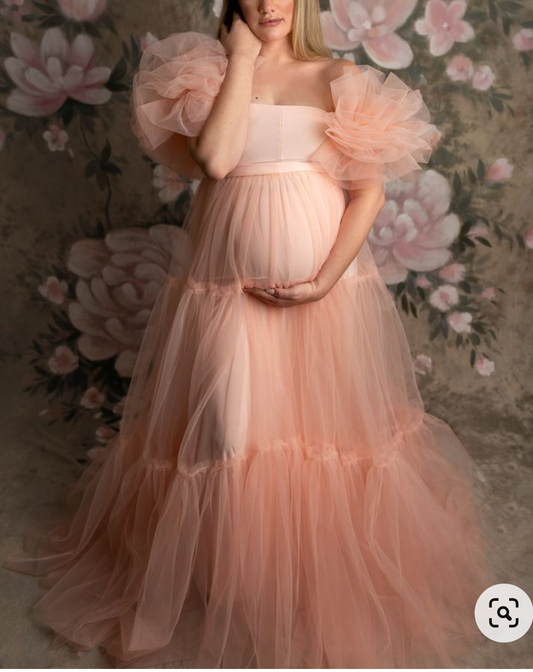 Peach Net Ruffled Maternity Gown