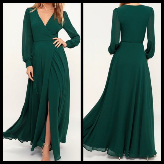 Green V Neck Full Sleeves Slit Maxi Dress