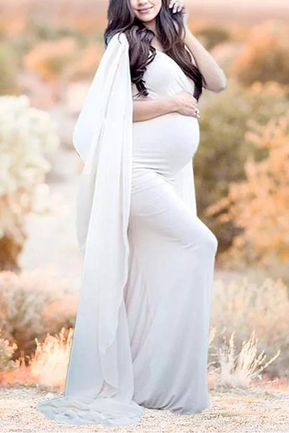 Maternity Solid Color White Lycra and Georgette Dress
