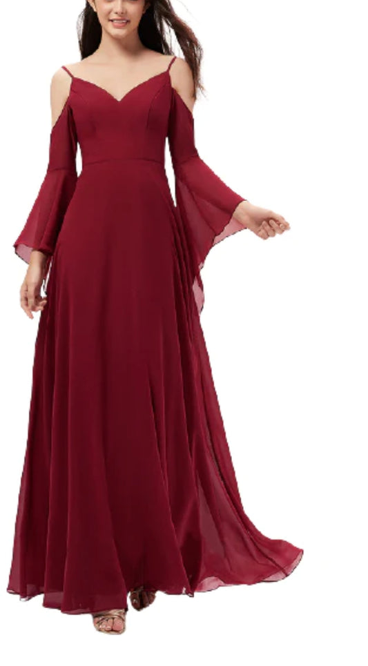 Bright Maroon Cold Shoulder Umbrella Sleeves Maxi Dress