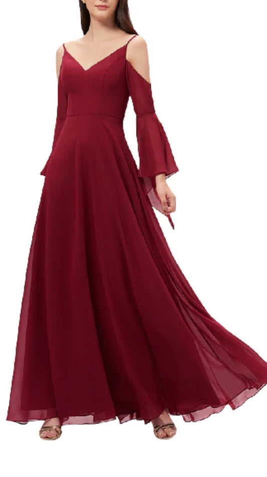 Bright Maroon Cold Shoulder Umbrella Sleeves Maxi Dress
