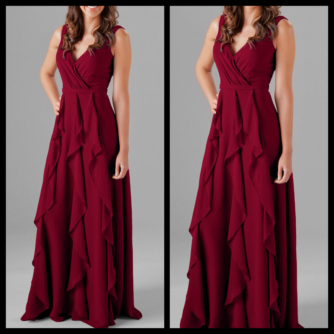 Maroon Six Frills Ruffles Maxi Dress
