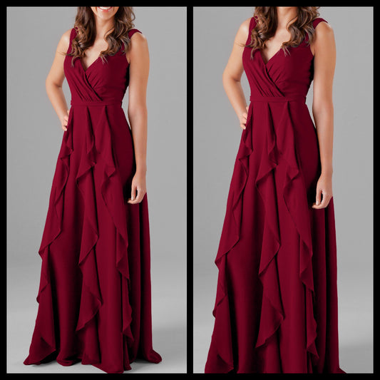 Maroon Six Frills Ruffles Maxi Dress