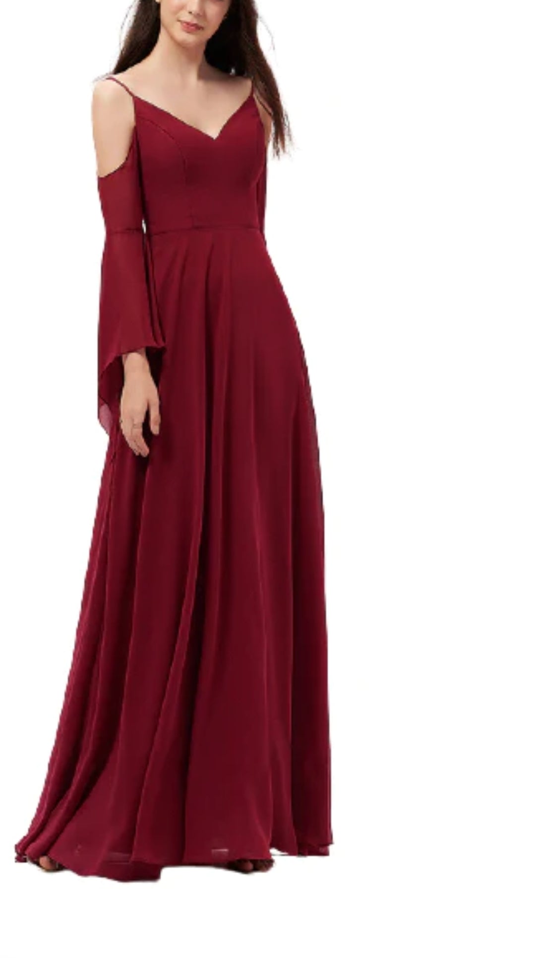 Bright Maroon Cold Shoulder Umbrella Sleeves Maxi Dress