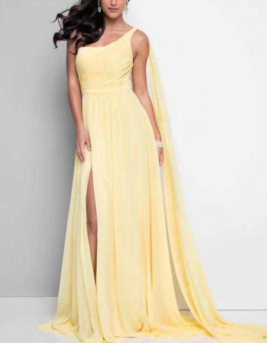 Yellow One Shoulder Draped Deep Slit Trail Gown