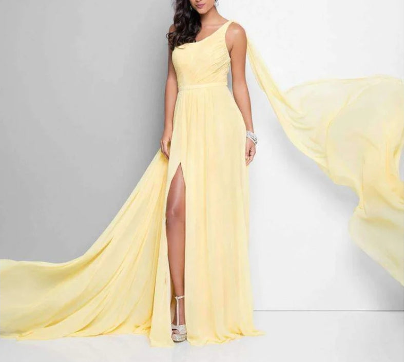 Yellow One Shoulder Draped Deep Slit Trail Gown
