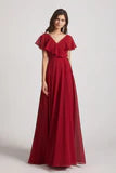 Maroon Red V Neck Ruffled Maxi Dress