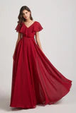 Maroon Red V Neck Ruffled Maxi Dress