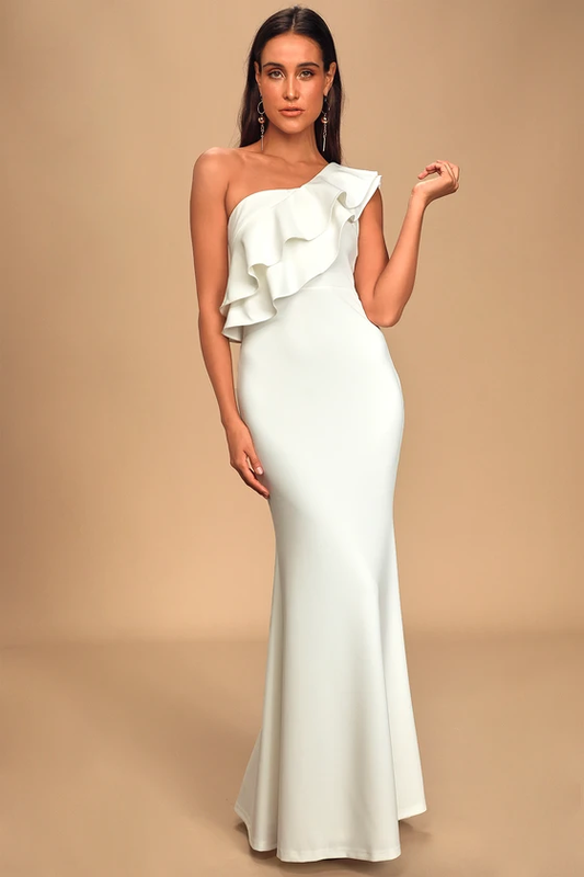 Grand Beauty White Ruffled One-Shoulder Mermaid Maxi Dress