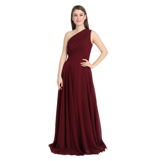 Maroon Draped One Shoulder Maxi Dress