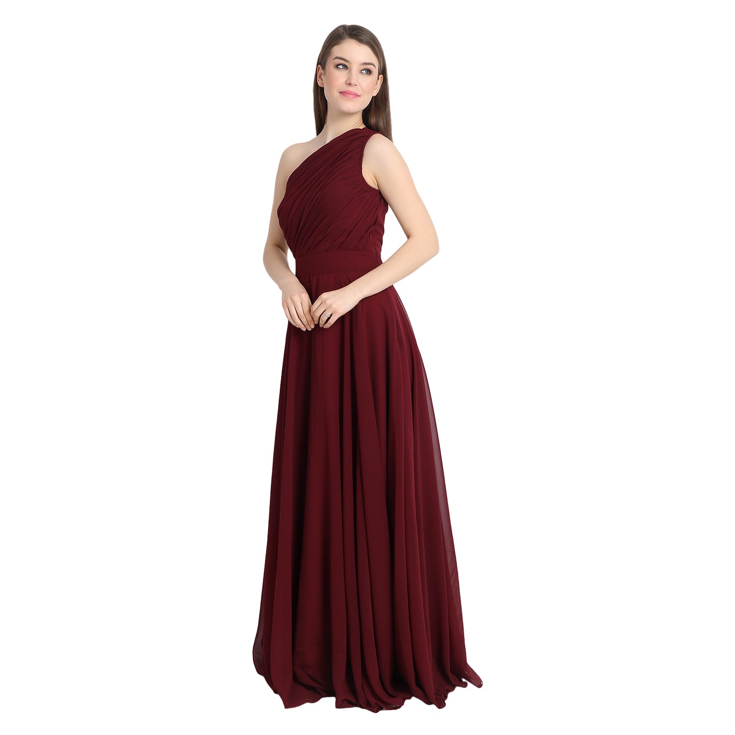 Maroon Draped One Shoulder Maxi Dress
