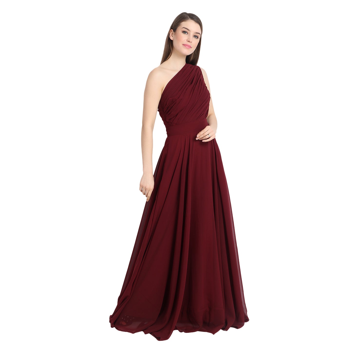Maroon Draped One Shoulder Maxi Dress