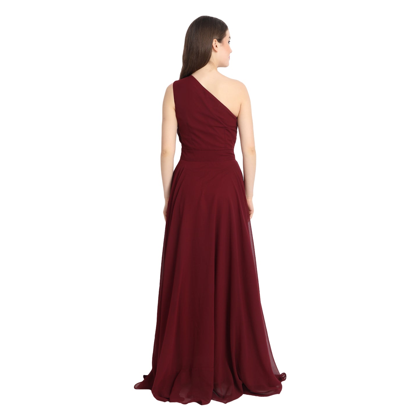Maroon Draped One Shoulder Maxi Dress