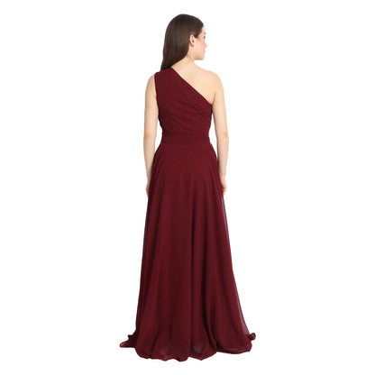 Maroon Draped One Shoulder Maxi Dress