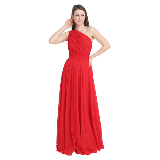Red Draped One Shoulder Maxi Dress
