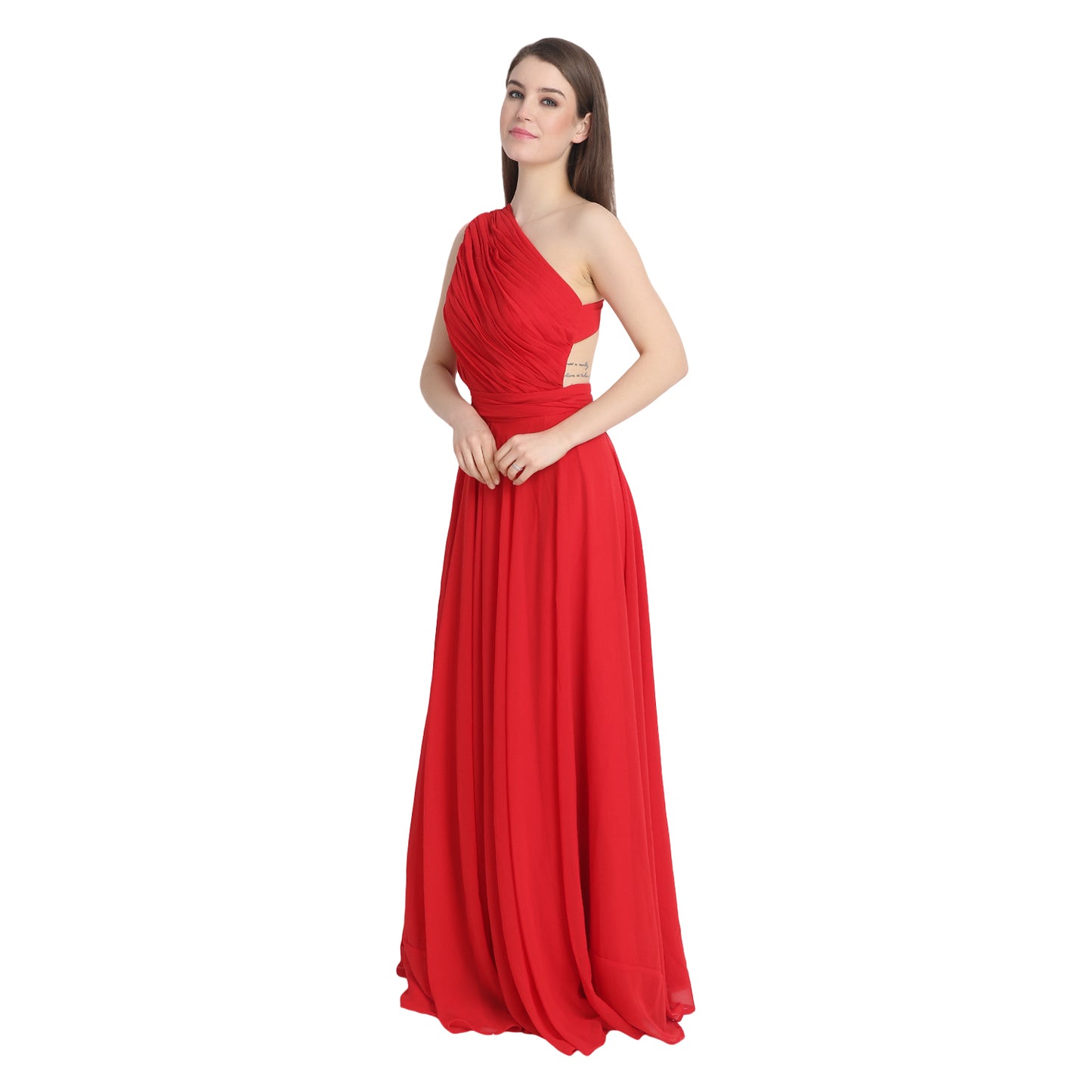Red Draped One Shoulder Maxi Dress
