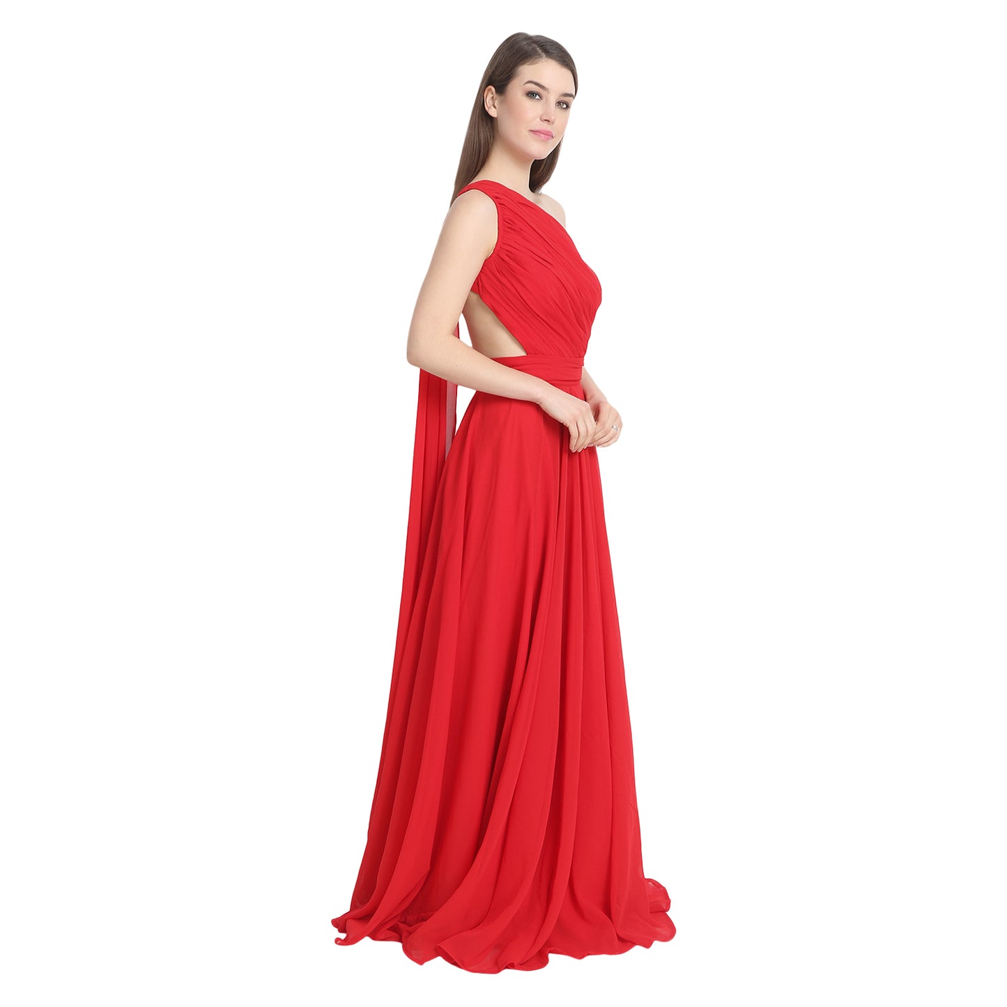 Red Draped One Shoulder Maxi Dress