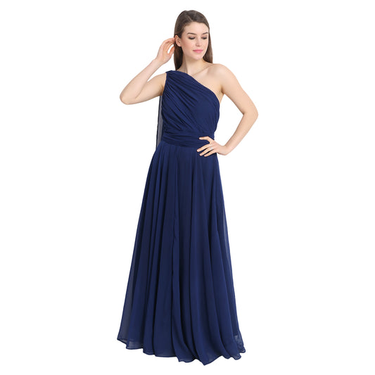 Navy Blue Drape One Shoulder Maxi Dress