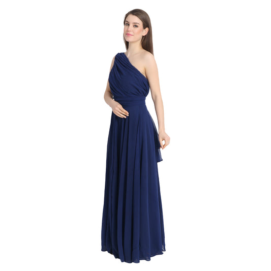 Navy Blue Drape One Shoulder Maxi Dress