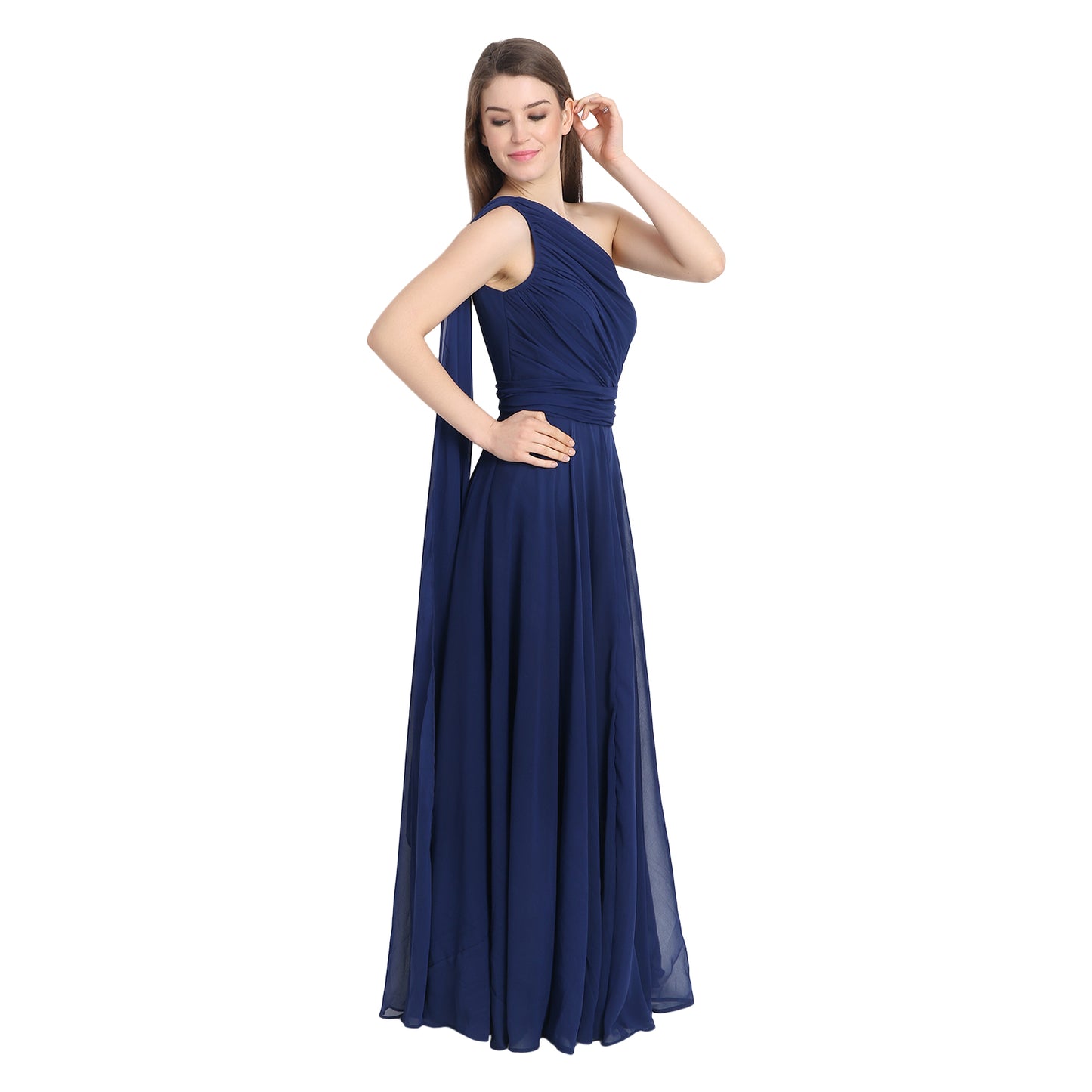Navy Blue Drape One Shoulder Maxi Dress
