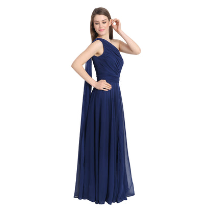 Navy Blue Drape One Shoulder Maxi Dress