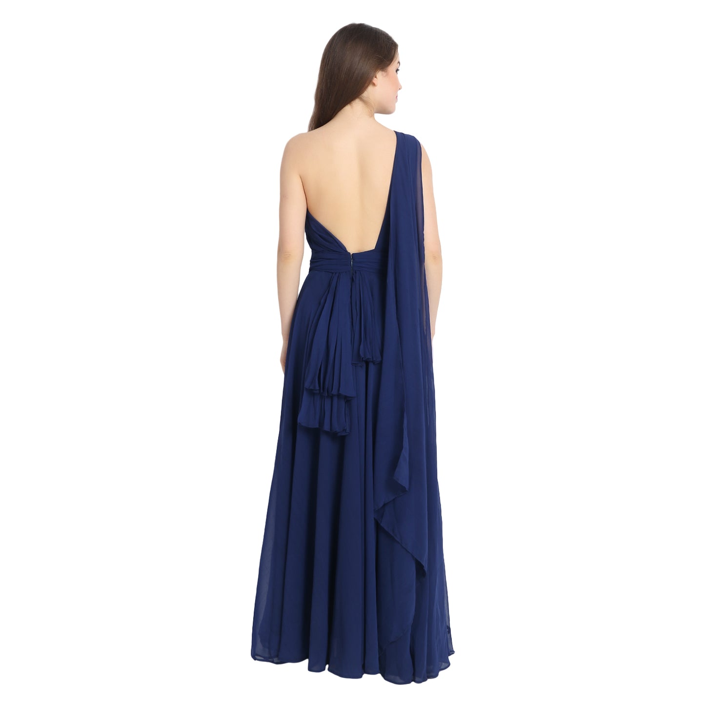 Navy Blue Drape One Shoulder Maxi Dress