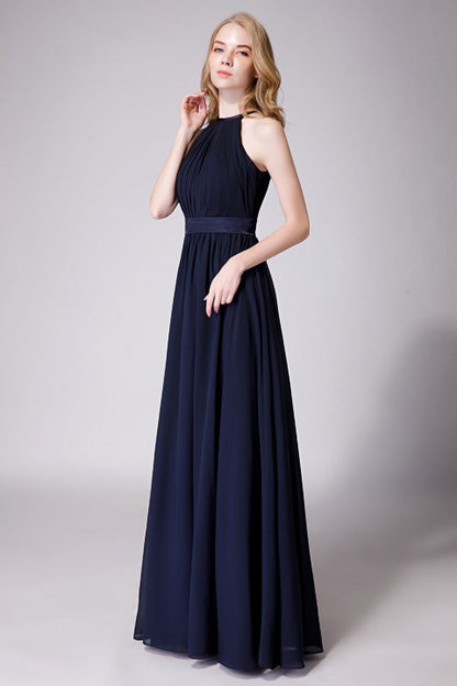 High Neck Halter Pleated Bodice Chiffon Bridesmaid Dress Long