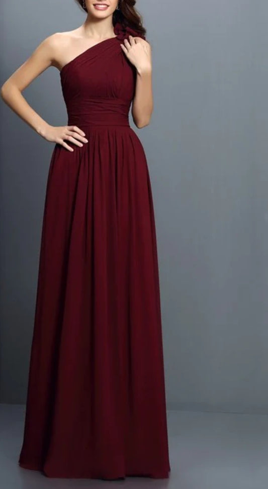 Wine One Shoulder Draped Maxi Dress with shoulder ruffles