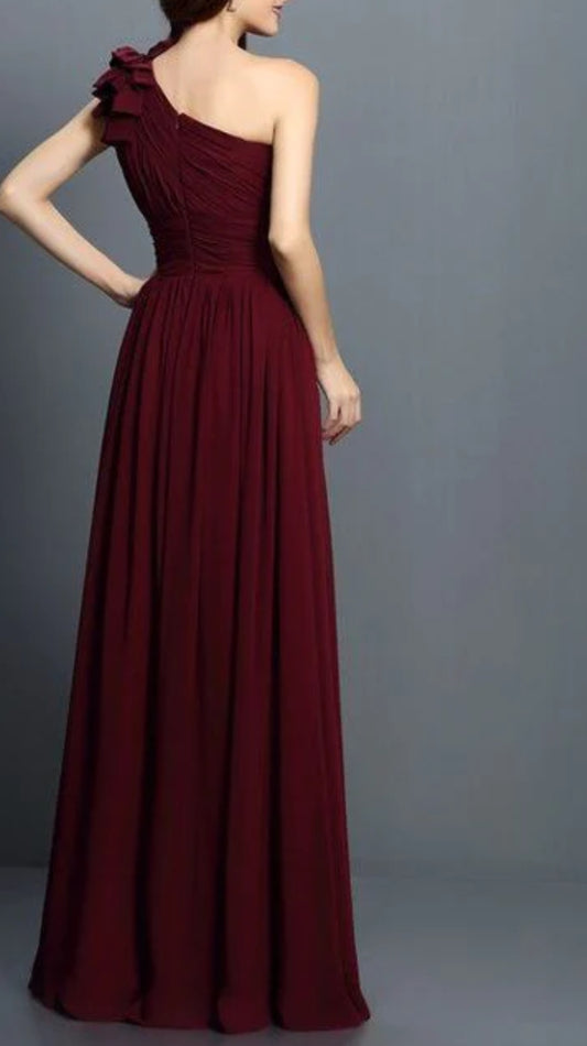 Wine One Shoulder Draped Maxi Dress with shoulder ruffles