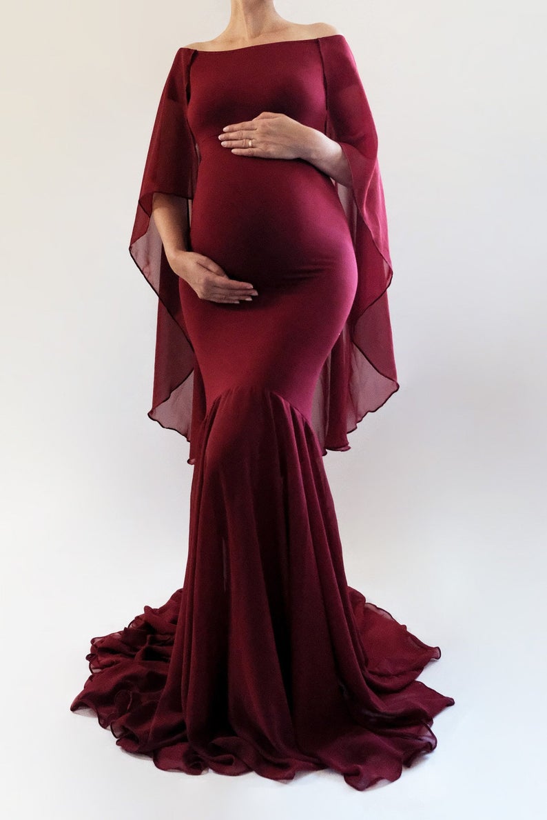 GLORIA Maternity Dress Fitted Maxi Dress with Cape