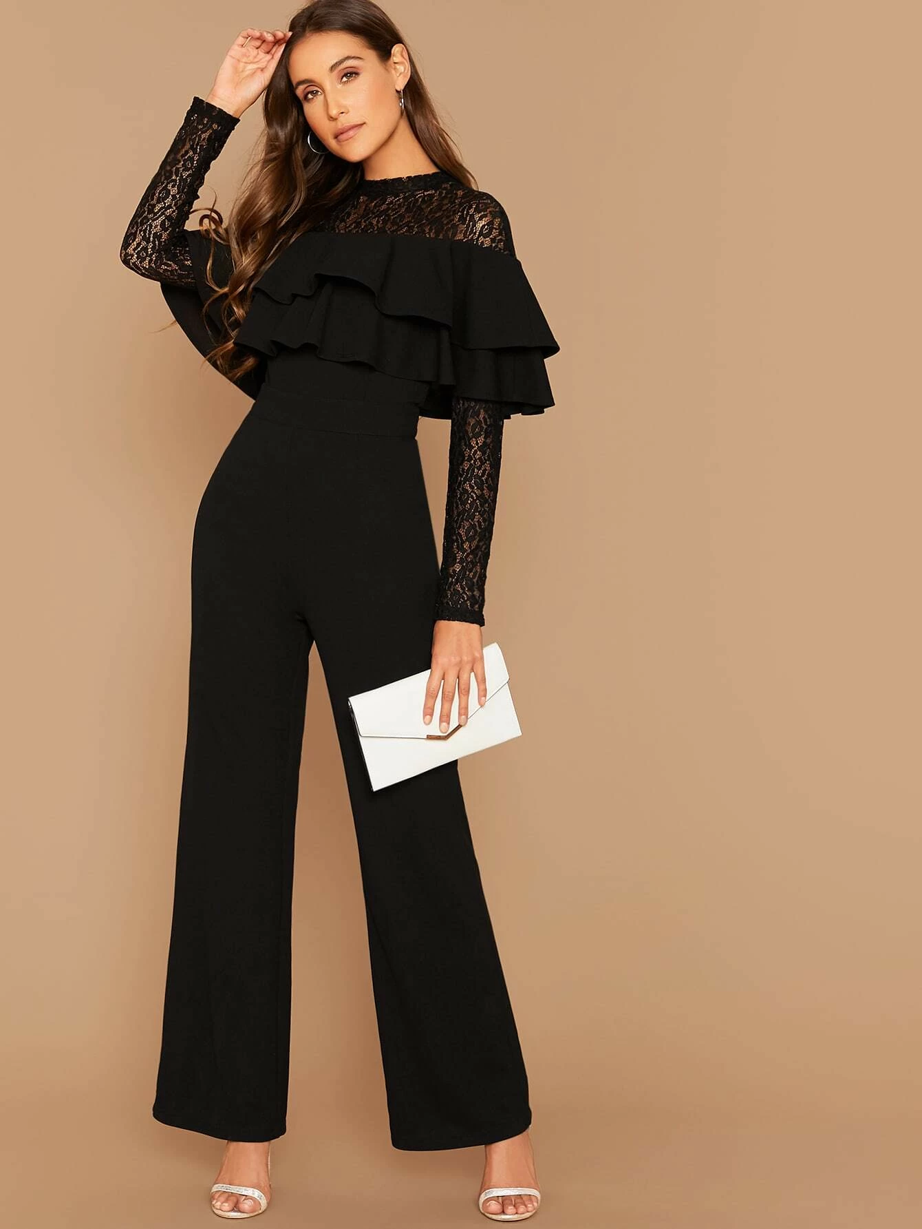 Lace Yoke Layered Flounce Wide Leg Jumpsuit