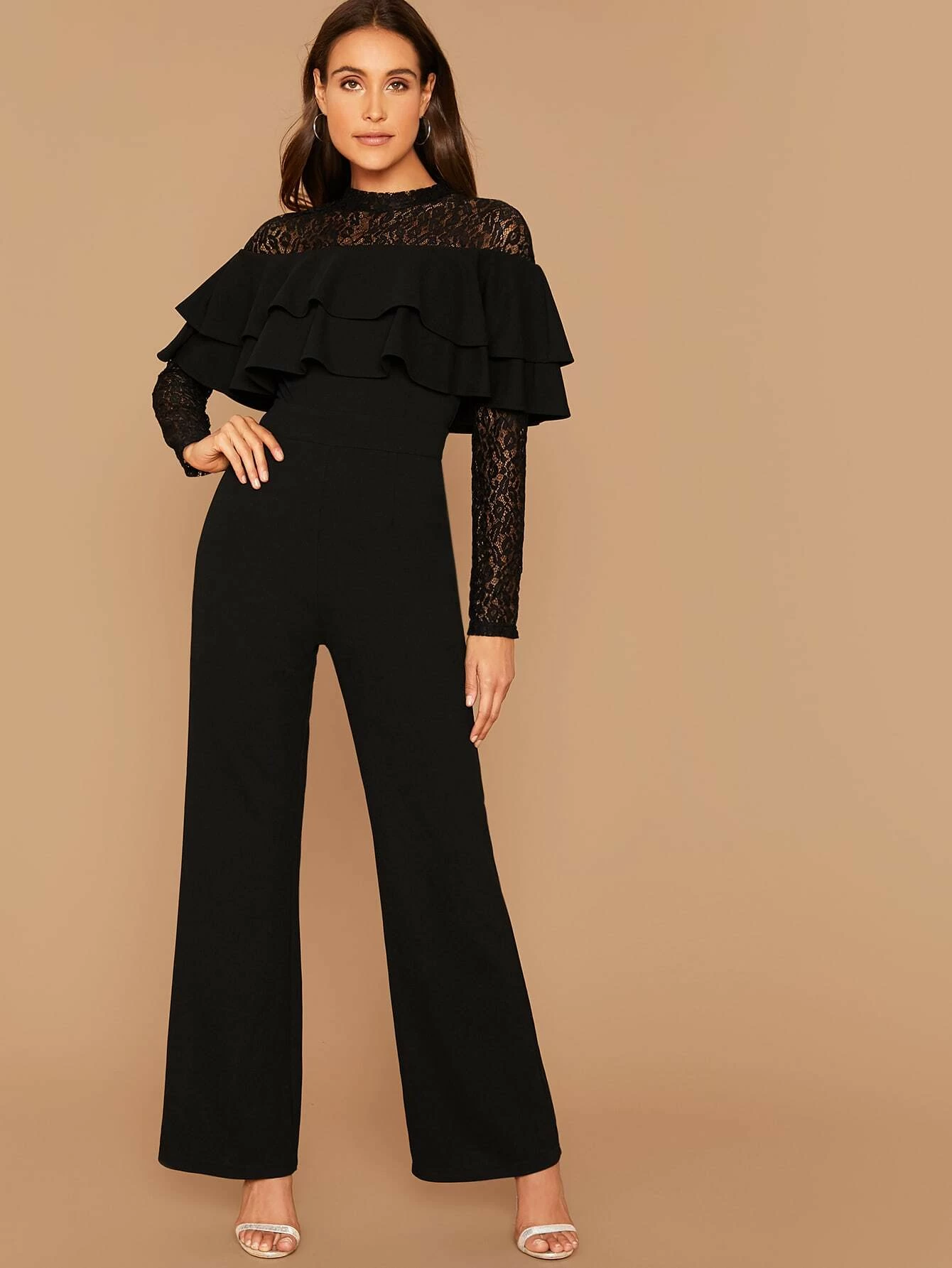 Lace Yoke Layered Flounce Wide Leg Jumpsuit