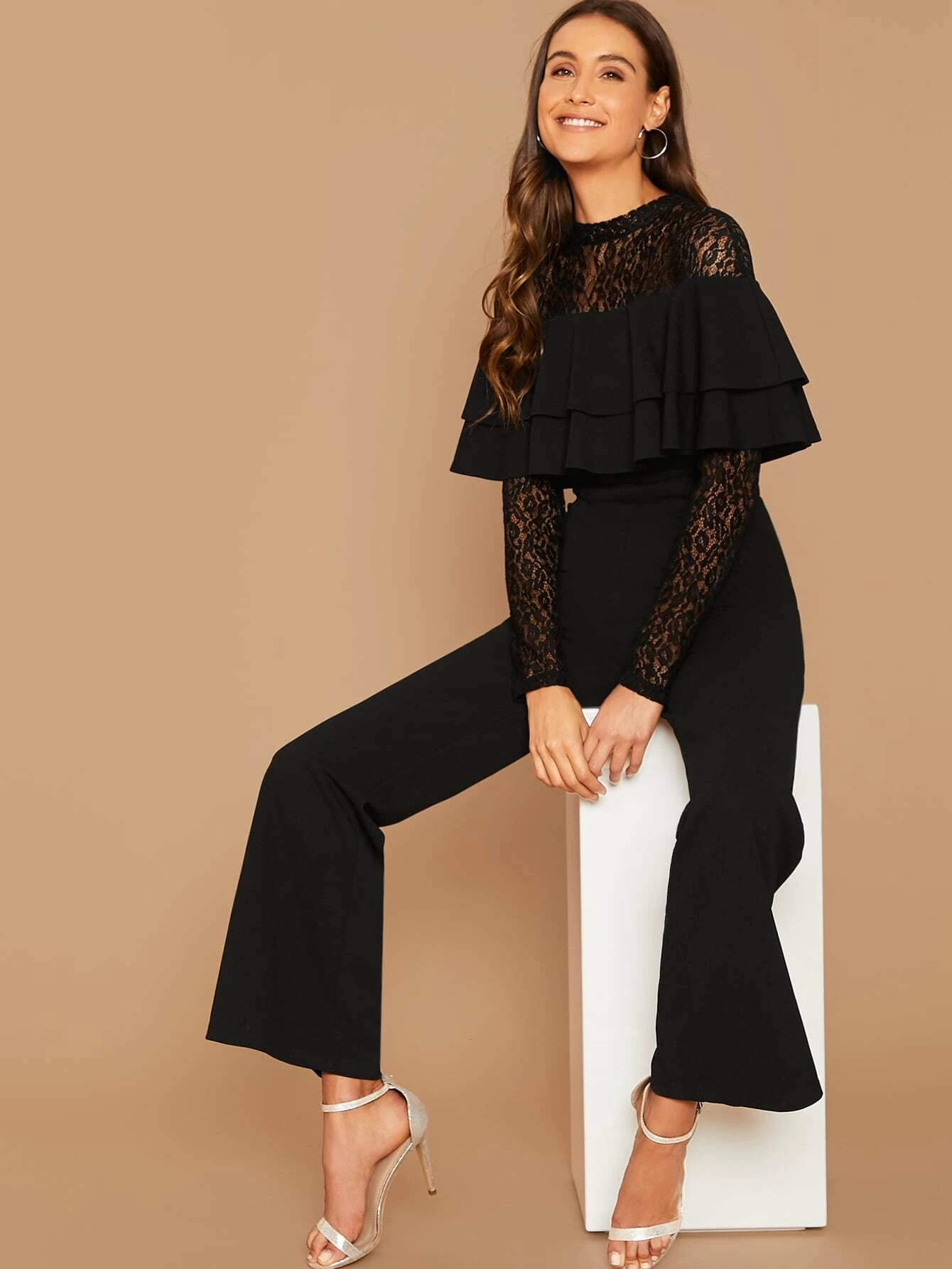 Lace Yoke Layered Flounce Wide Leg Jumpsuit