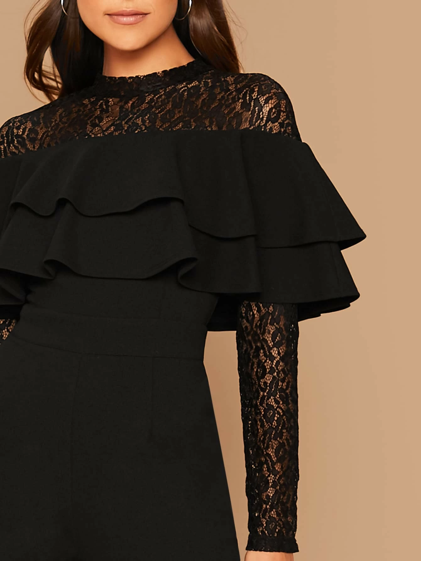 Lace Yoke Layered Flounce Wide Leg Jumpsuit