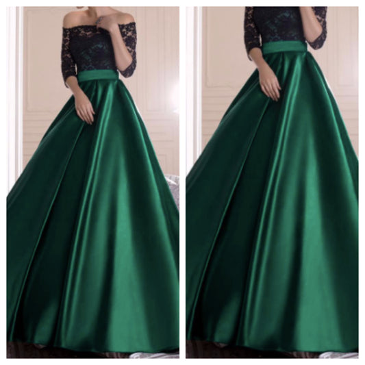Green Satin and Black Lace Tube Ballroom Gown