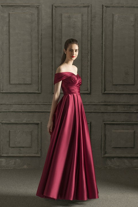 Off Shoulder Ruched Corset Back A-Line Satin Wedding Prom Dress