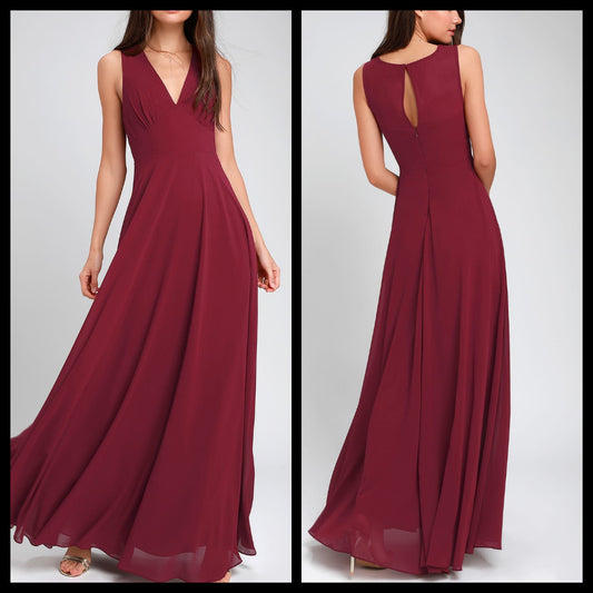 V Neck Wine Maxi Dress