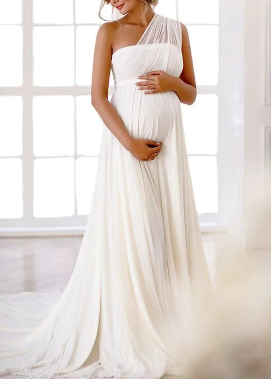 White Tube Maternity Dress with Sheer One Shoulder Look
